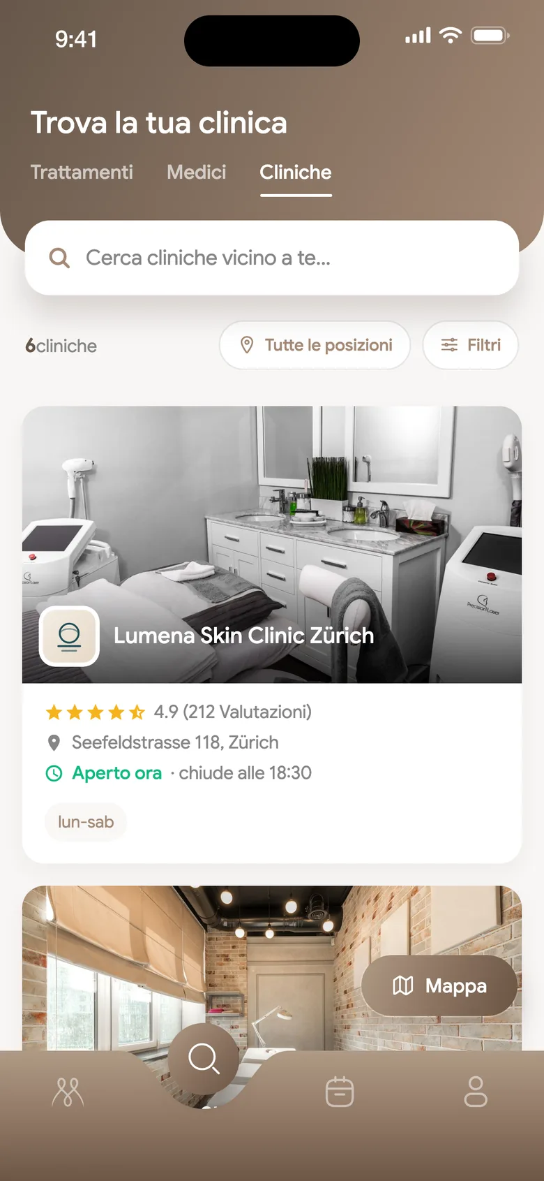 Elenco di cliniche nell'app Metaesthetics